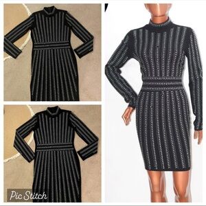 Black Long-Sleeve Knit Sheath Dress with Studded Stripe Detail - size medium